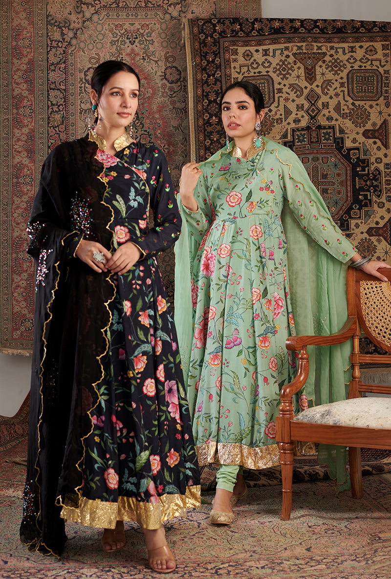 Black Floral Print Aalam Anarkali Set