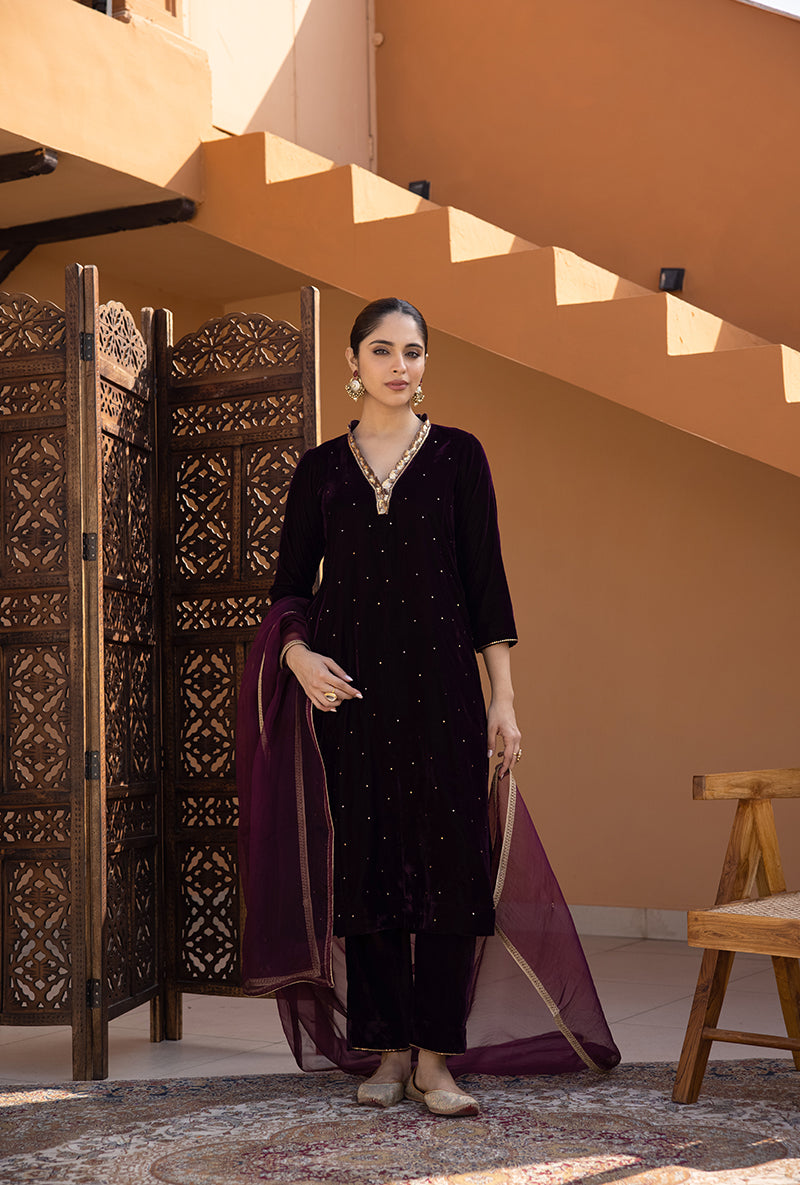 Burgundy Cut Work Sitara Ghazal Kurta Set