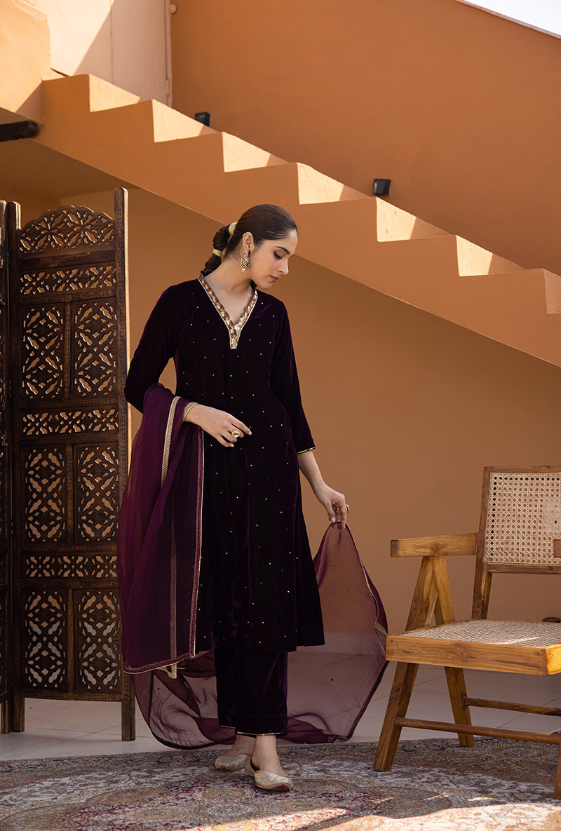 Burgundy Cut Work Sitara Ghazal Kurta Set