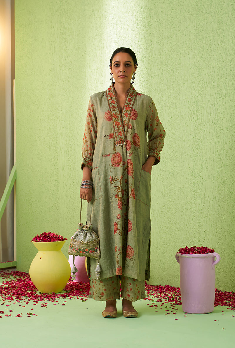 Mint Green High Collar Floral Print Kurta Set