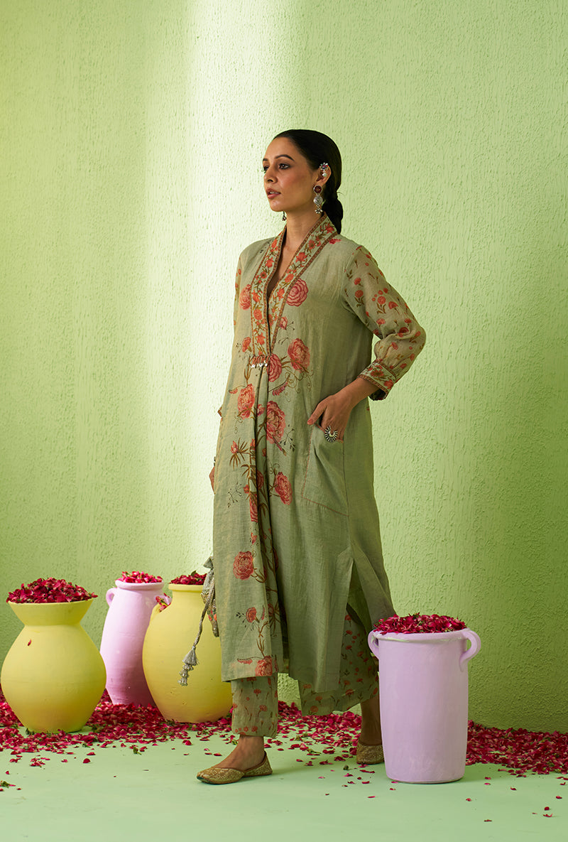 Mint Green High Collar Floral Print Kurta Set