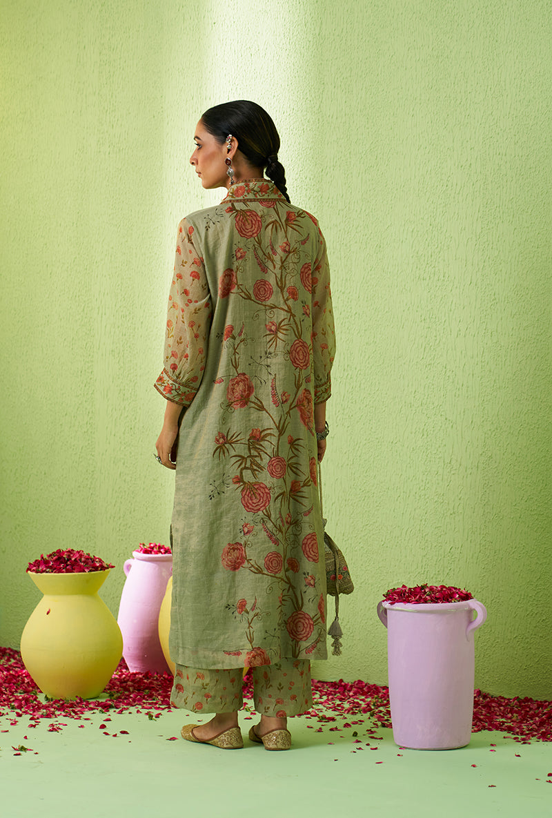 Mint Green High Collar Floral Print Kurta Set