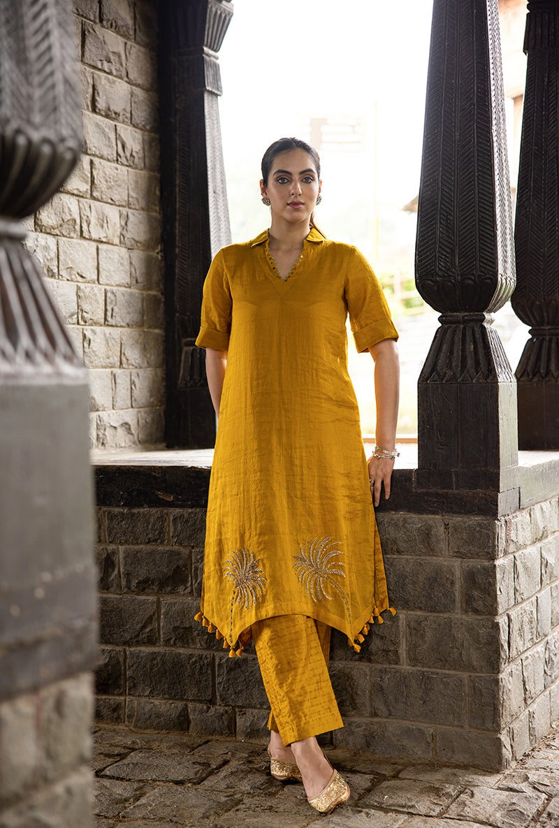 Mustard Asymmetrical Palm Tree Motif Surmayi Tunic Set