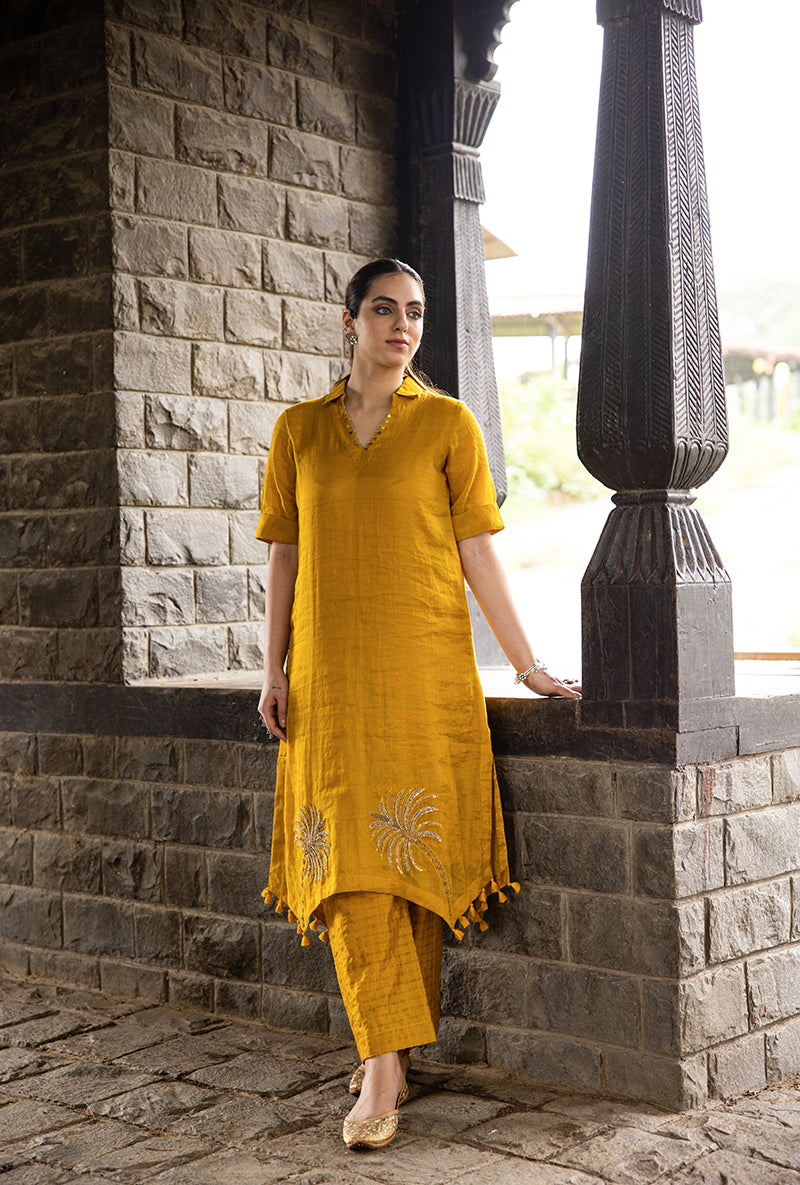 Mustard Asymmetrical Palm Tree Motif Surmayi Tunic Set