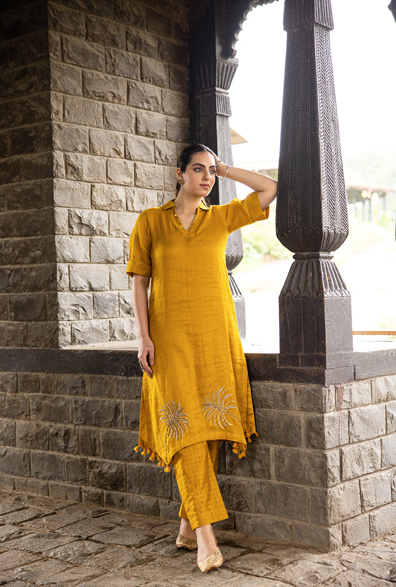 Mustard Asymmetrical Palm Tree Motif Surmayi Tunic Set