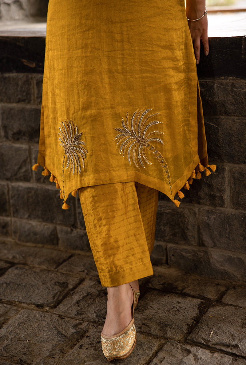 Mustard Asymmetrical Palm Tree Motif Surmayi Tunic Set