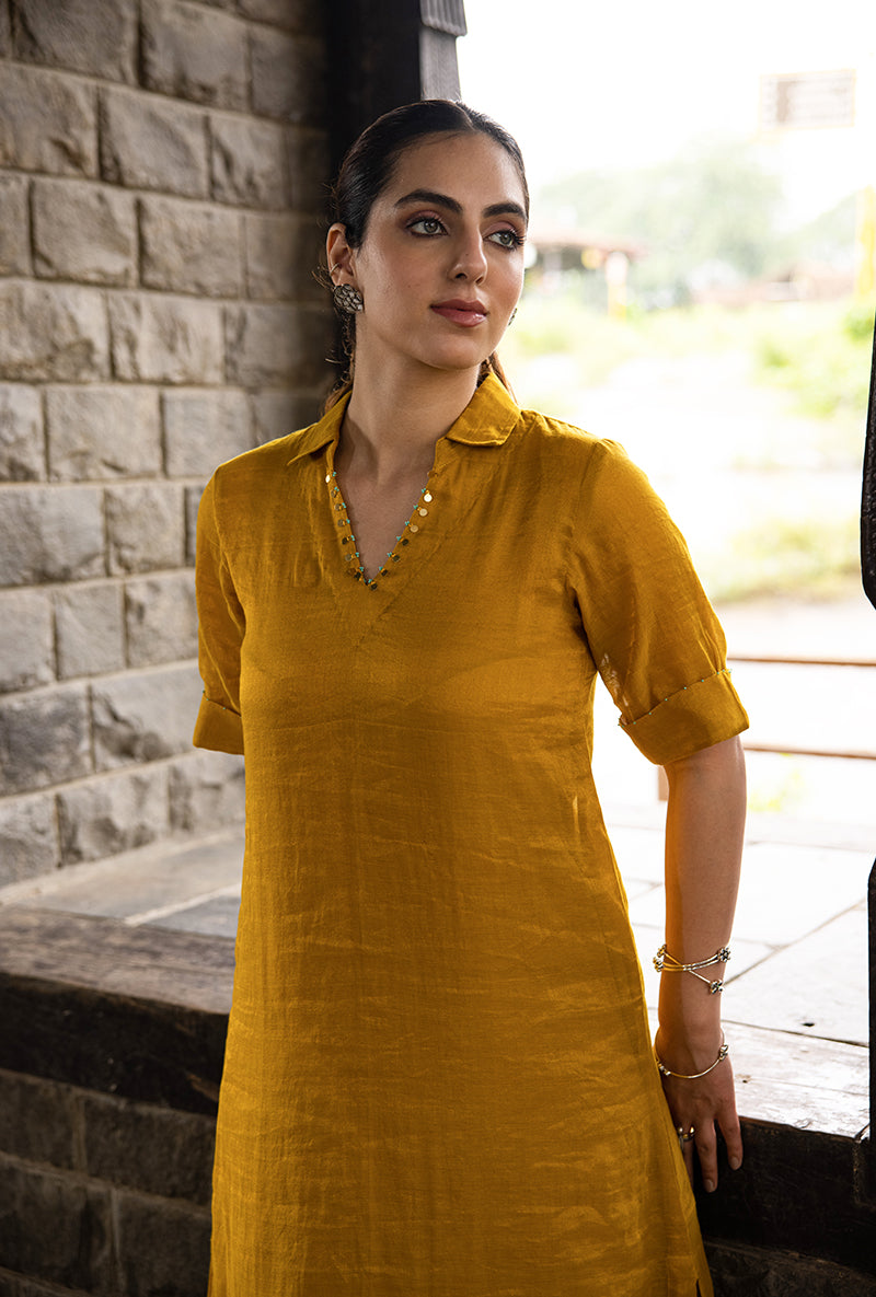 Mustard Asymmetrical Palm Tree Motif Surmayi Tunic Set