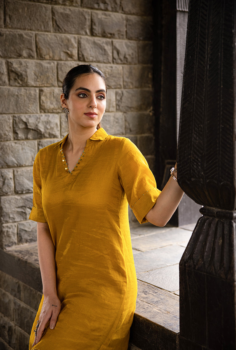 Mustard Asymmetrical Palm Tree Motif Surmayi Tunic Set