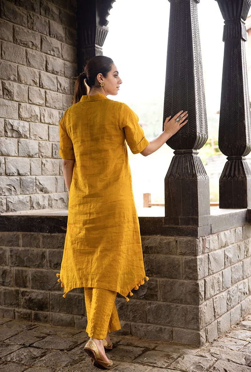 Mustard Asymmetrical Palm Tree Motif Surmayi Tunic Set