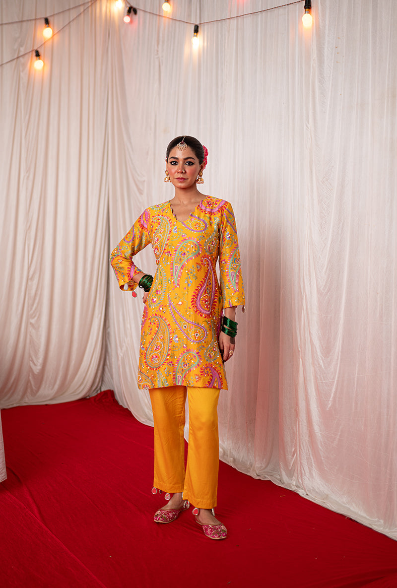 Yellow Printed Kikli Short Kurta Set