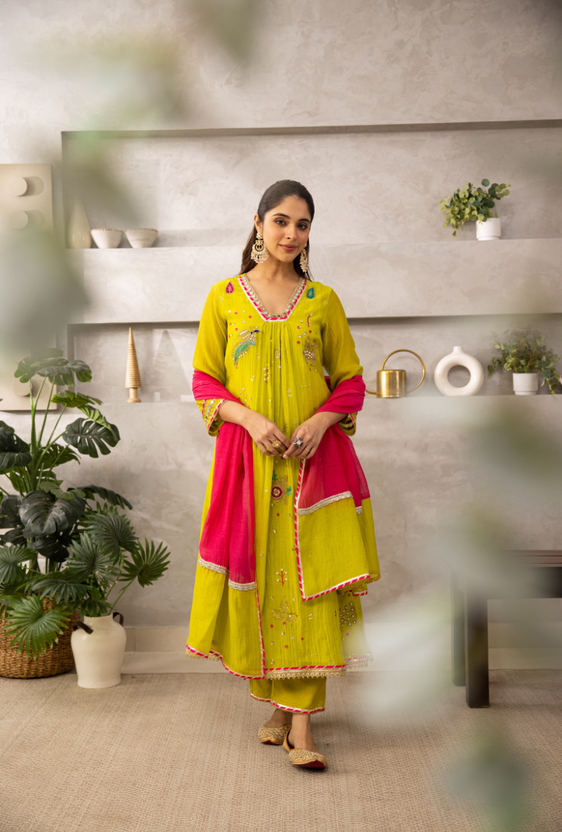 Lime Green Glass Neckline A-Line Laado Kurta Set