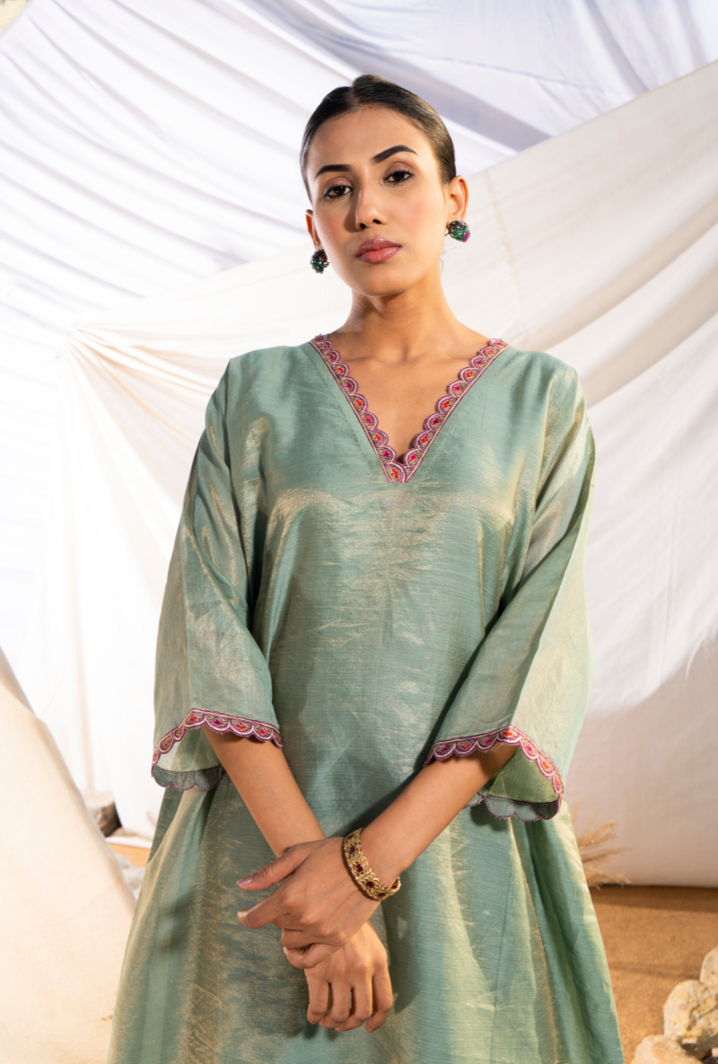 Sage Green Handloom Cotton Zari Tissue Embroidered Kiara Kurta Set