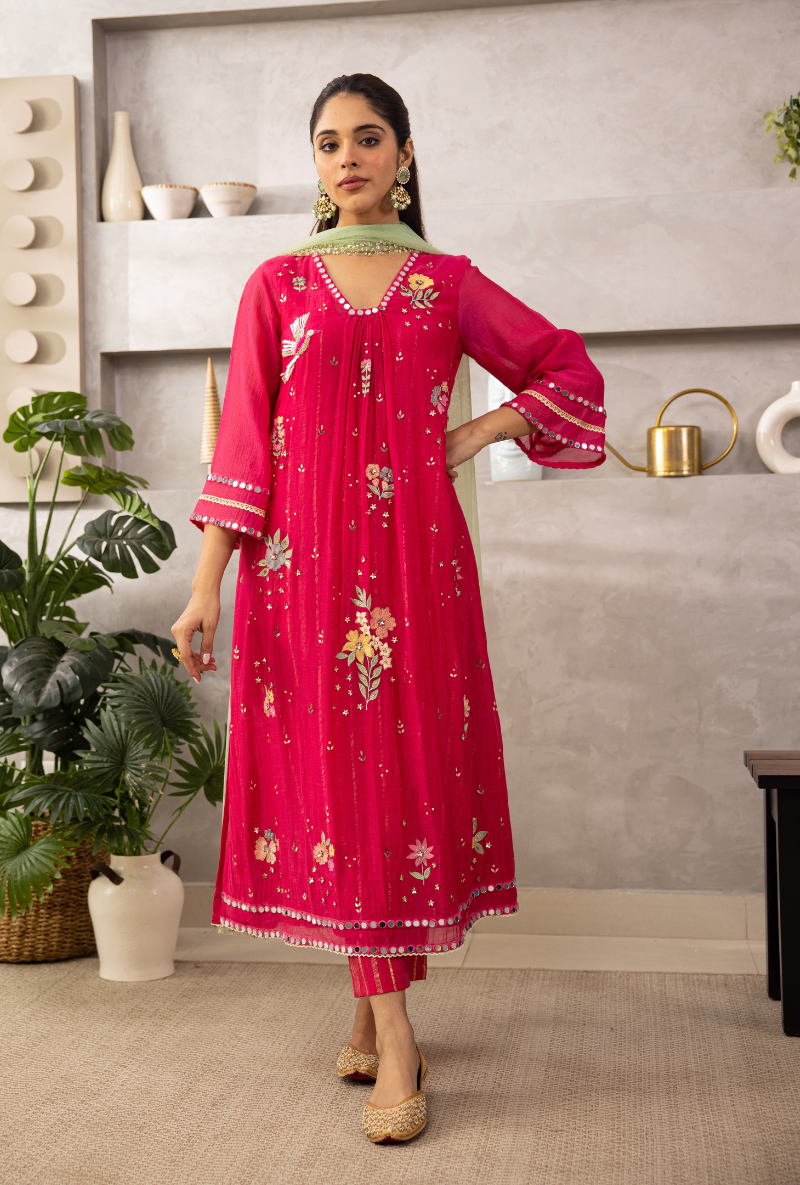 Pink Glass Neckline A-Line Laado Kurta Set