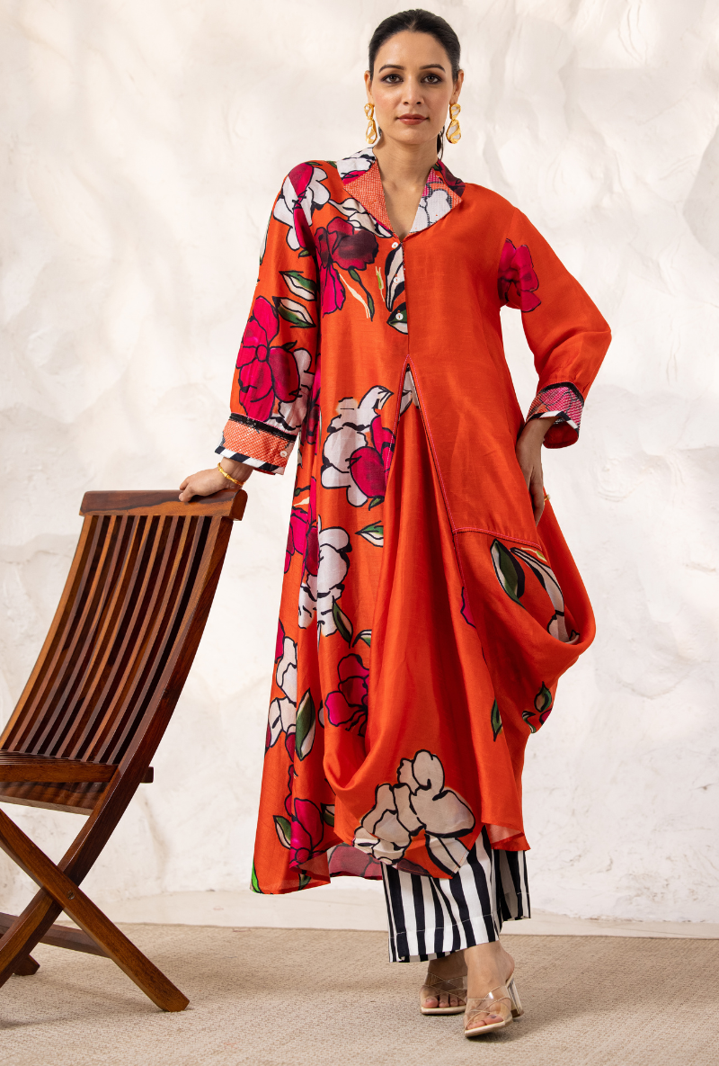 Red Printed Cowl Ivy Kurta Set