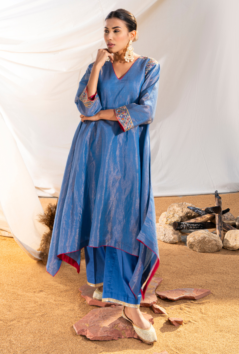 Blue Handloom Cotton Zari Tissue Embroidered Kiara Kurta Set