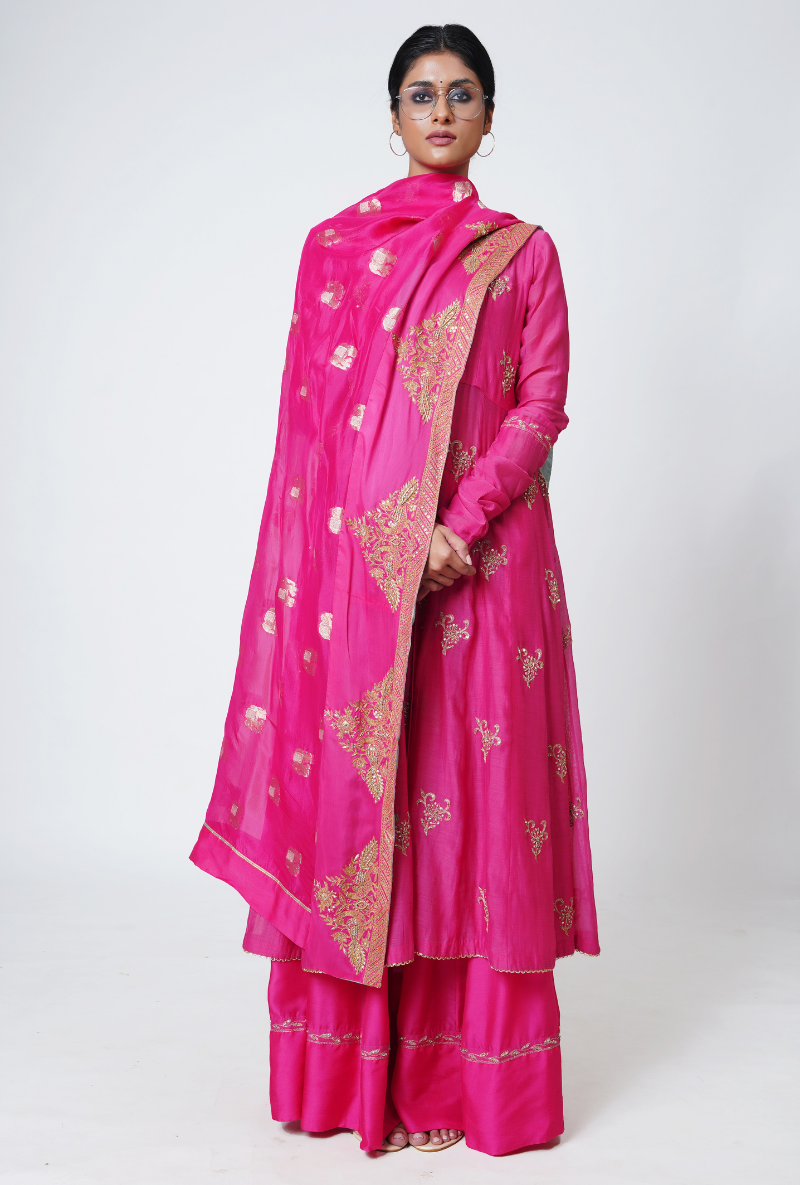 Raspberry Kalidar Front Slit Chhaya Kurta Set