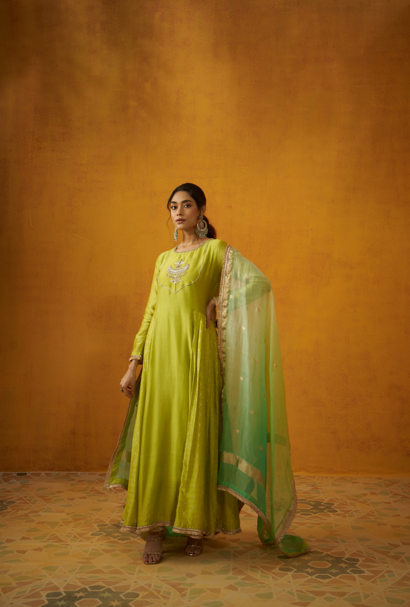 Green Kalidaar Embroidery Benarasi Kainaat Anaraklai Set