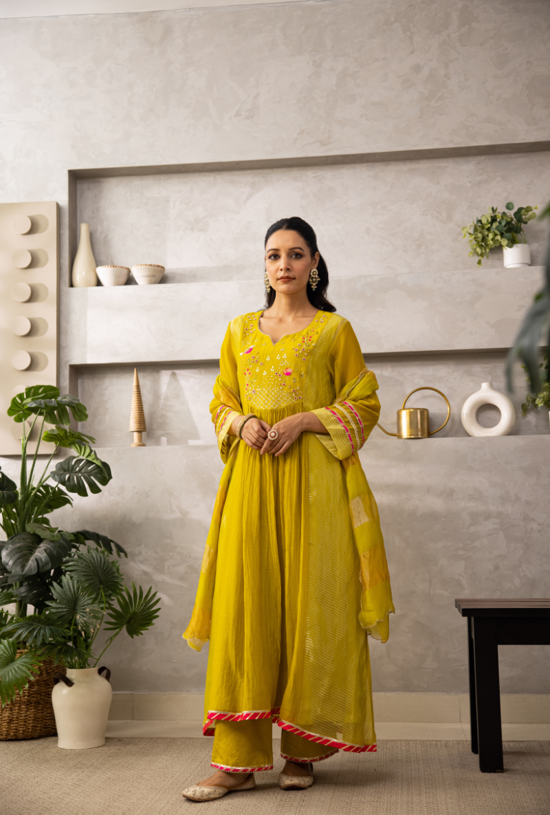 Lemon Yellow Pearl Gota Front Pleat Laado Kurta Set