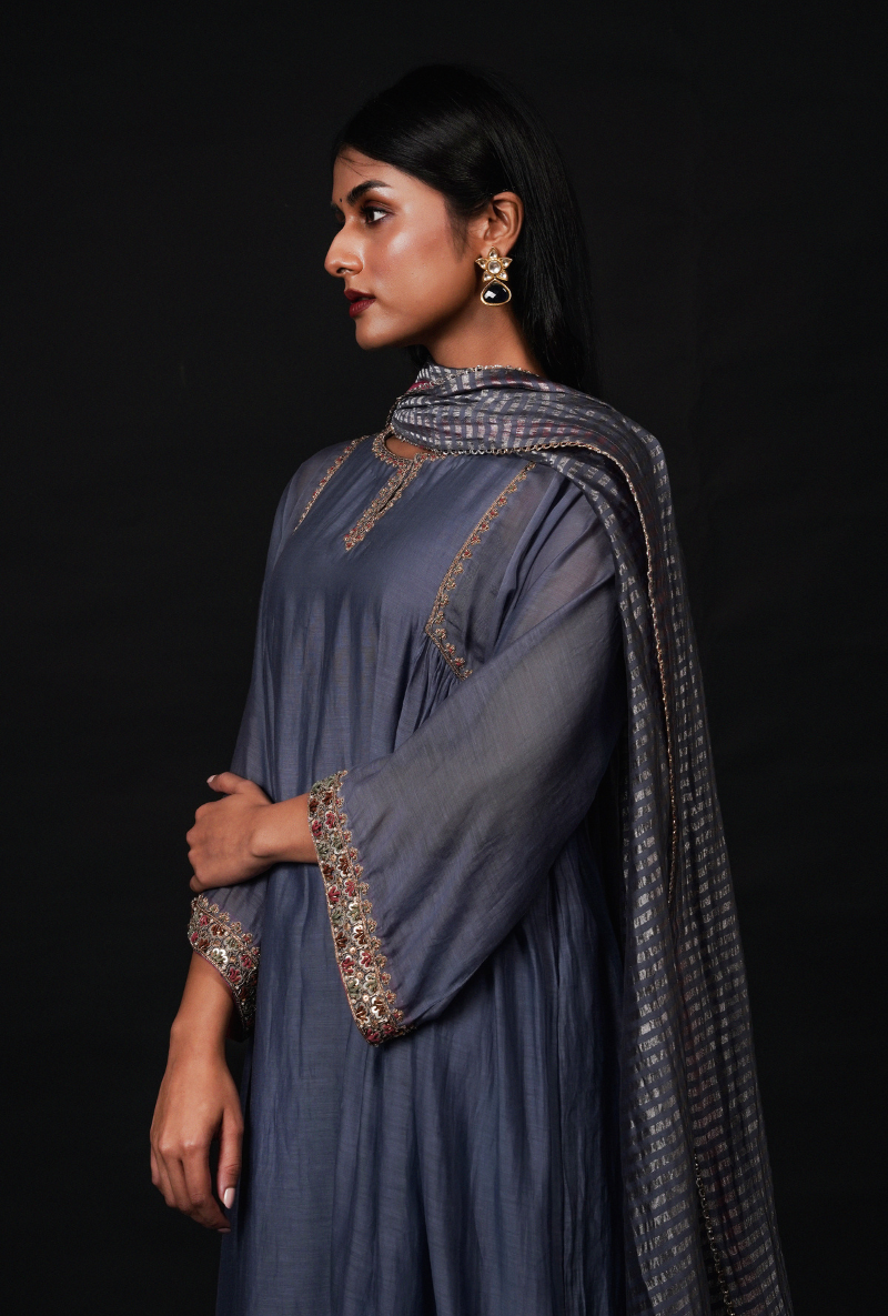 Vintage Blue Gather Chhaya Kurta Set