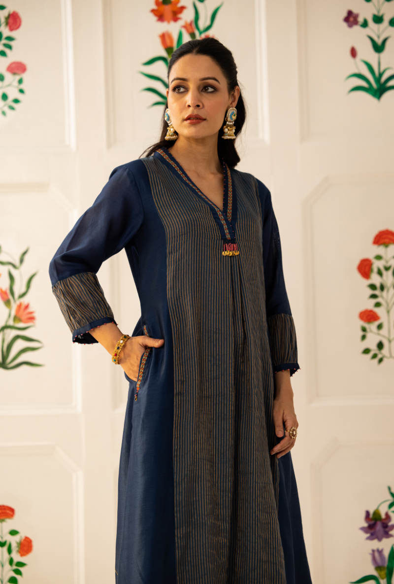 Blue High Collar Kishmish Kurta Set