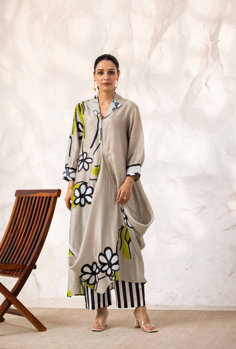 Beige Printed Cowl Ivy Kurta Set