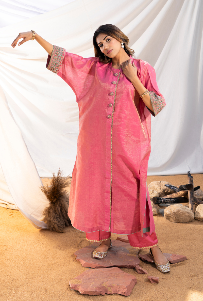 Pink Handloom Cotton Zari Tissue Embroidered Kiara Kurta Set