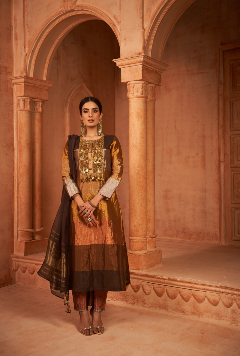 Brown Tissue Metallic Coin Work Kainaat Anarkali Set