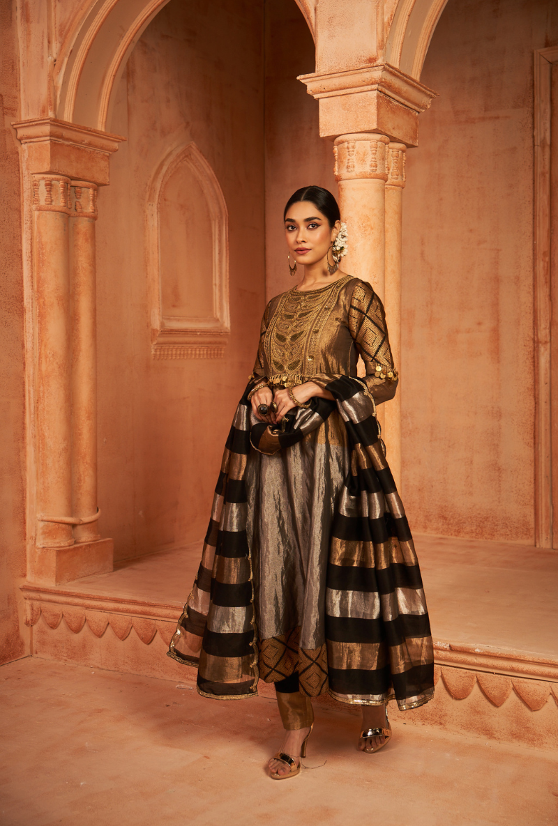 Brown Tissue Metallic Kainaat Anarkali Set