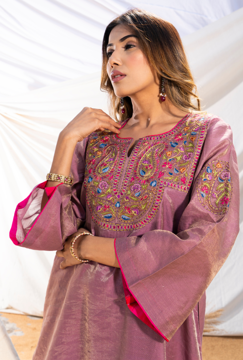 Mauve Handloom Cotton Zari Tissue Embroidered Kiara Kurta Set