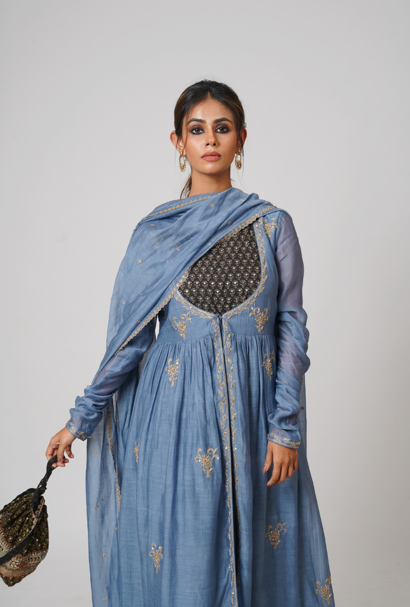 Vintage Indigo Ruching Chhaya Kurta Set