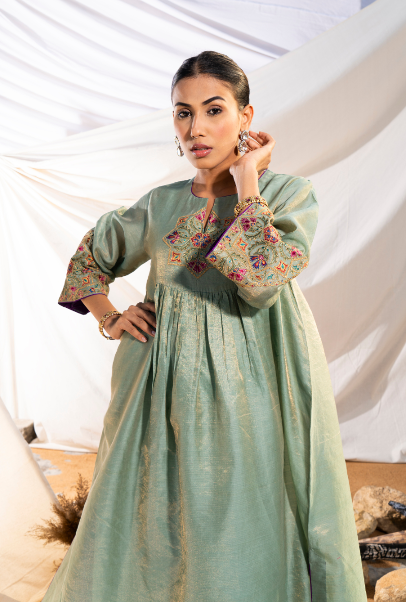 Sage Green Handloom Cotton Zari Tissue Embroidered Kiara Kurta Set