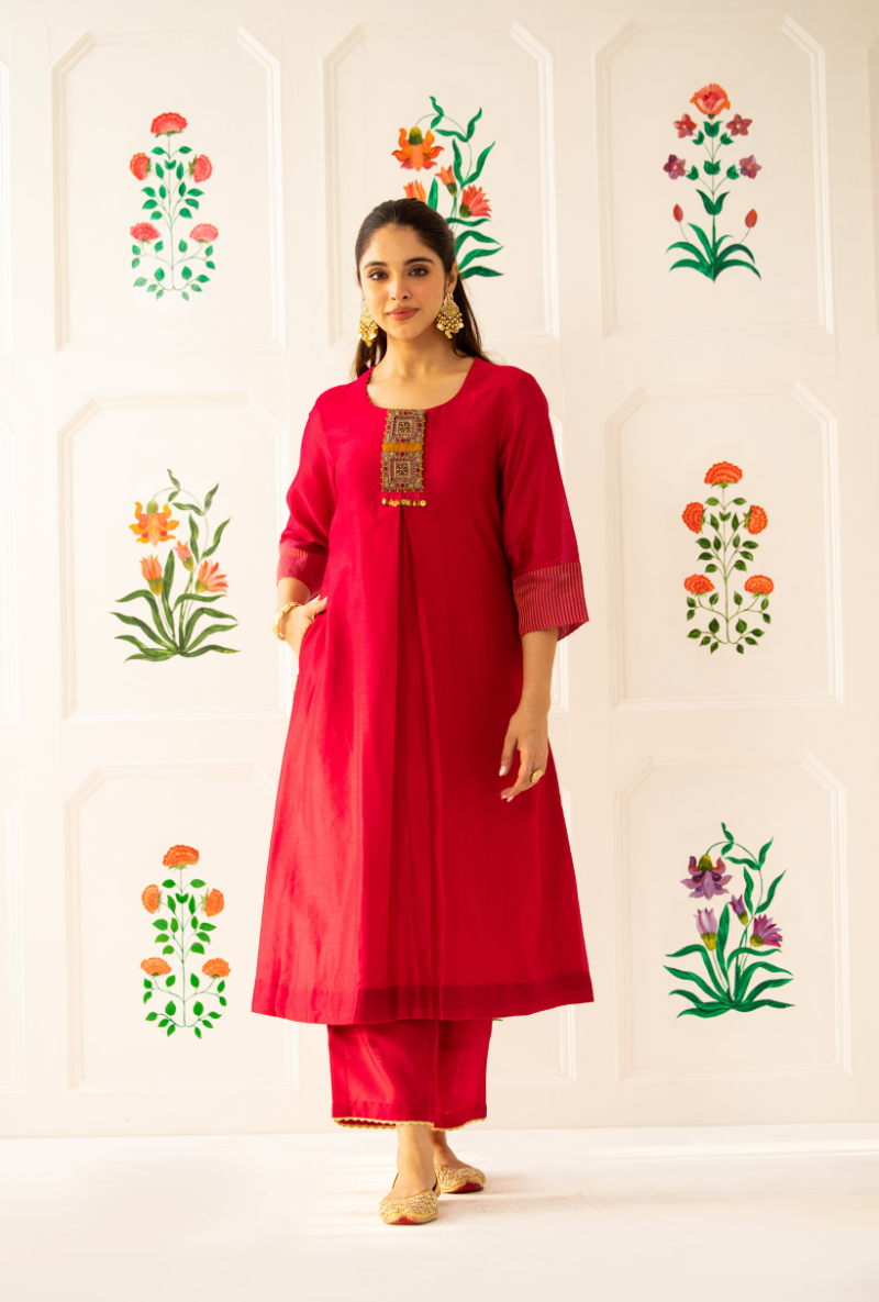 Pink Double Box Pleat Kishmish Kurta Set