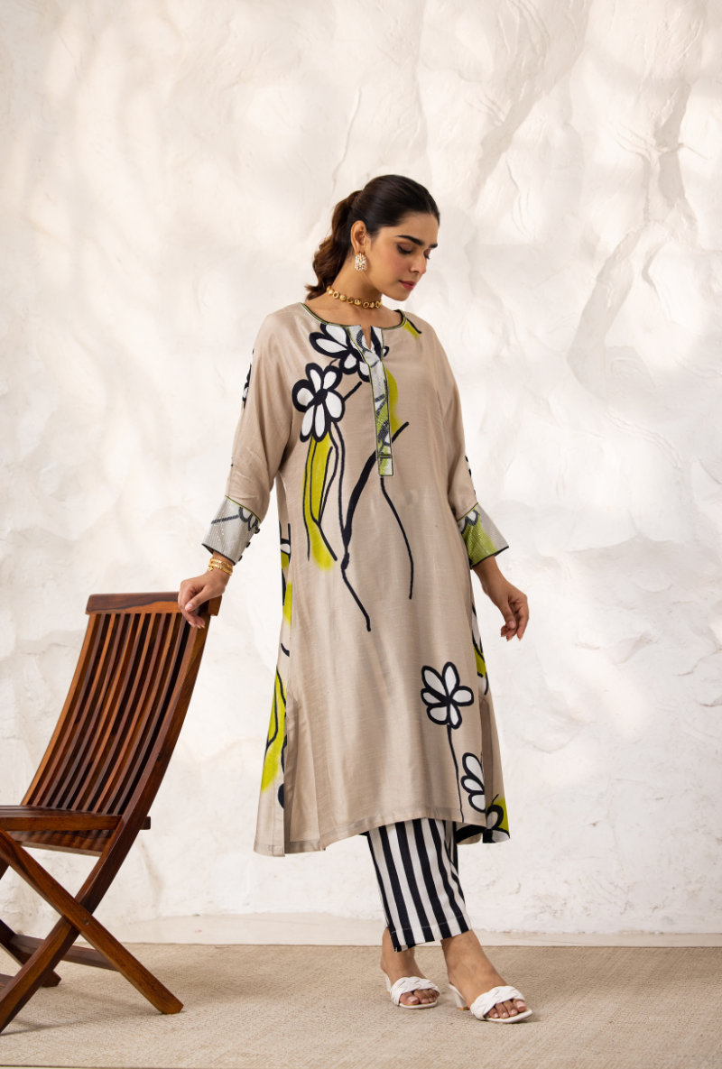 Beige Long Floral Ivy Kurta Set