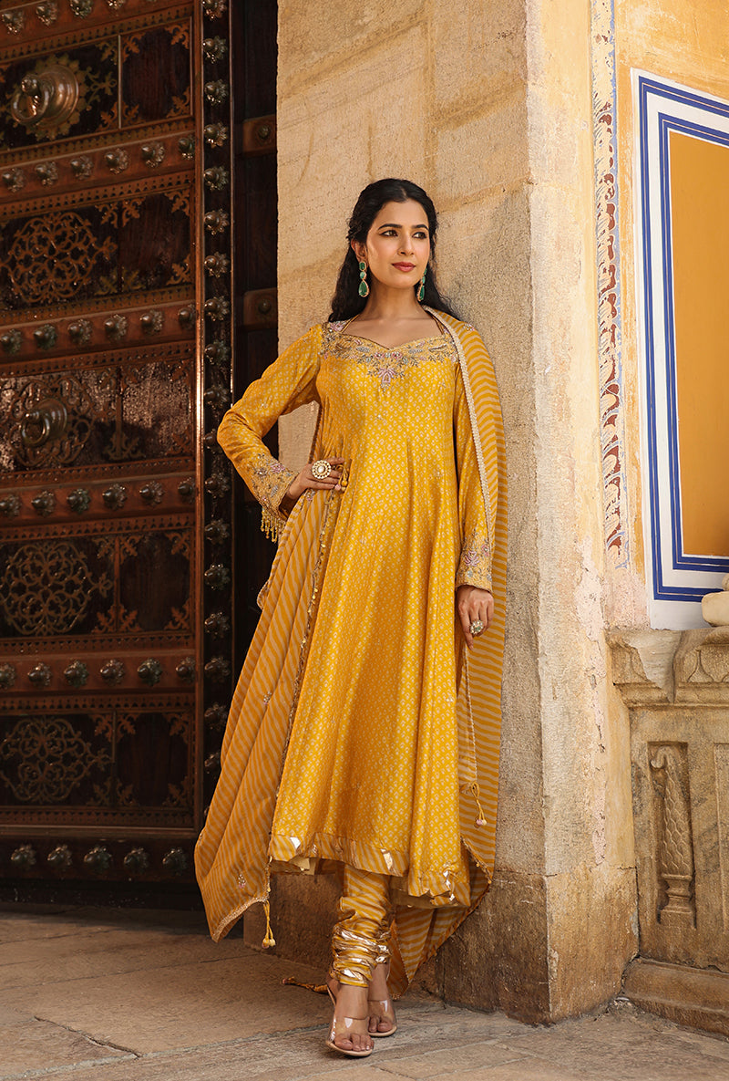 Mustard Printed Raag Kalidar Set