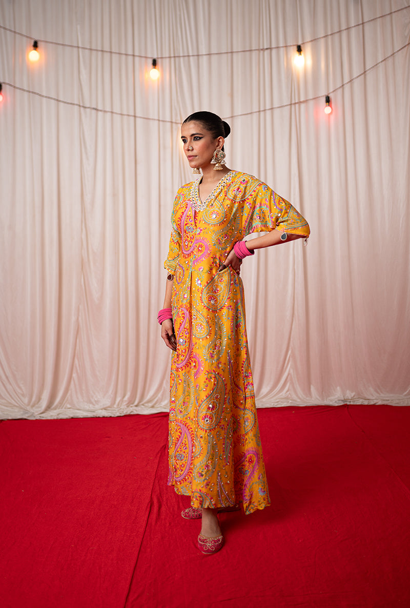 Yellow Embroidered Kikli Kaftan Set