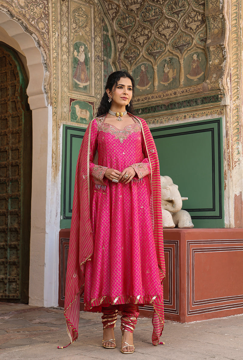 Pink Printed Raag Kalidar Set