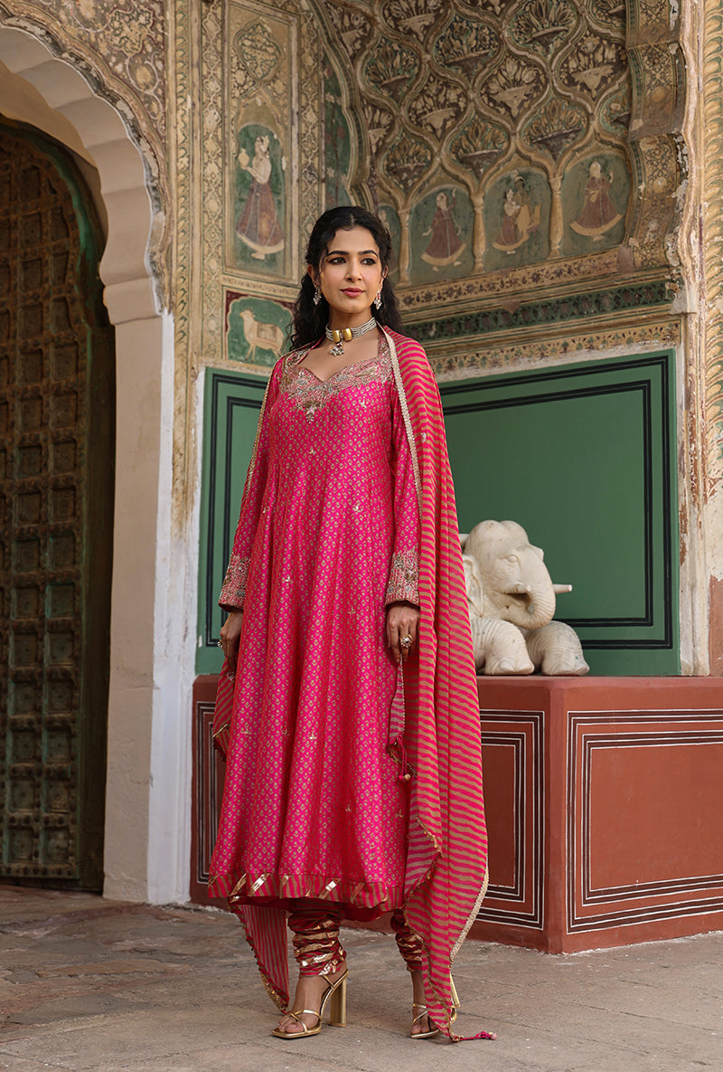 Pink Printed Raag Kalidar Set