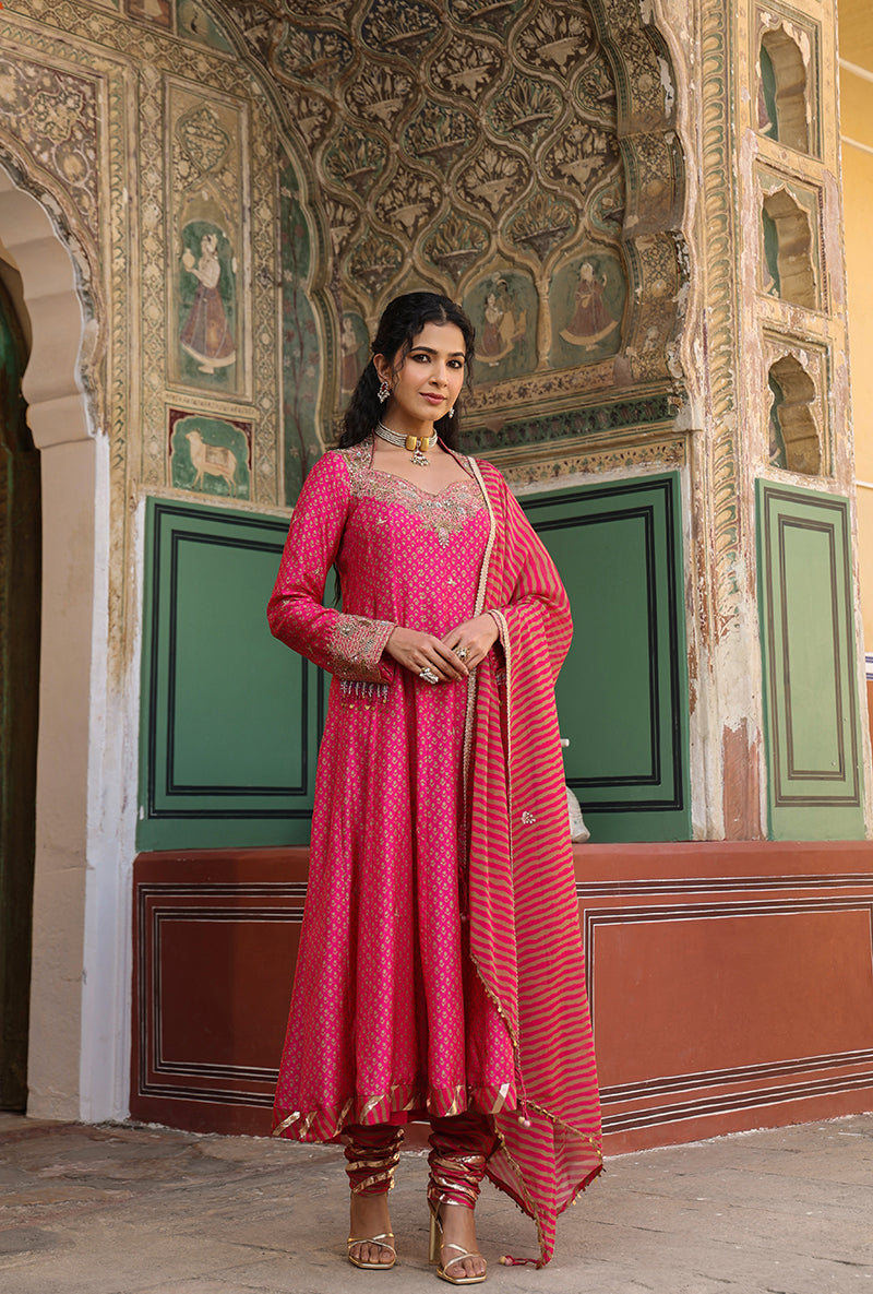 Pink Printed Raag Kalidar Set