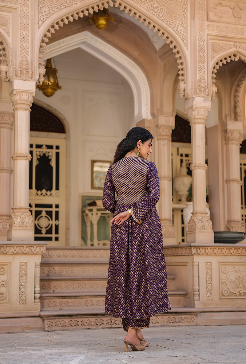 Purple Printed Frockstyle Raag Kurta Set