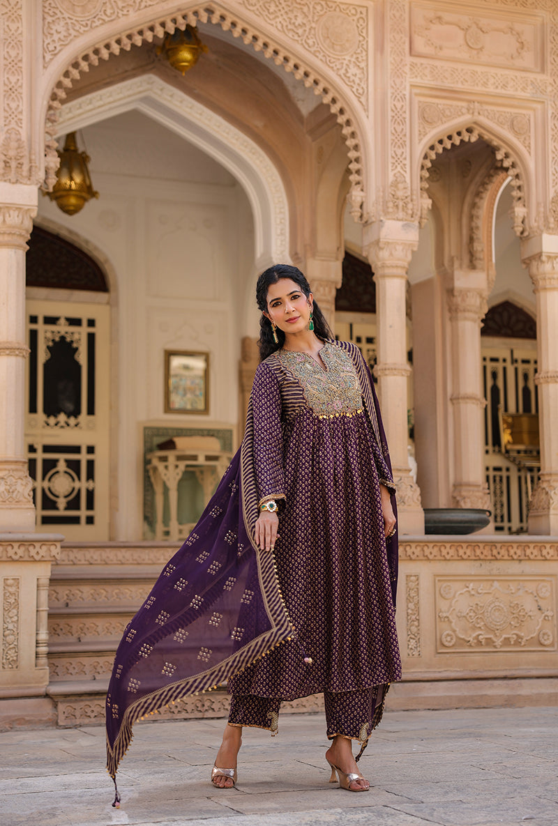 Purple Printed Frockstyle Raag Kurta Set