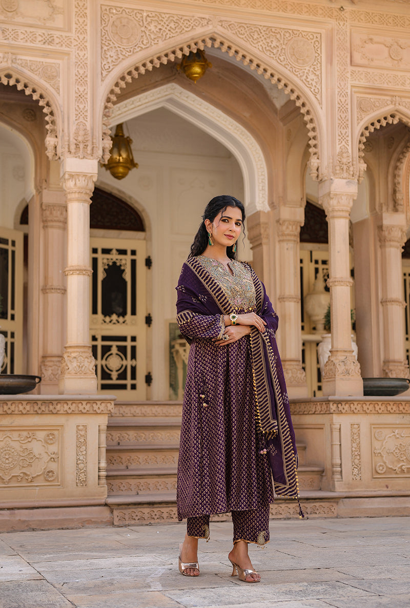 Purple Printed Frockstyle Raag Kurta Set