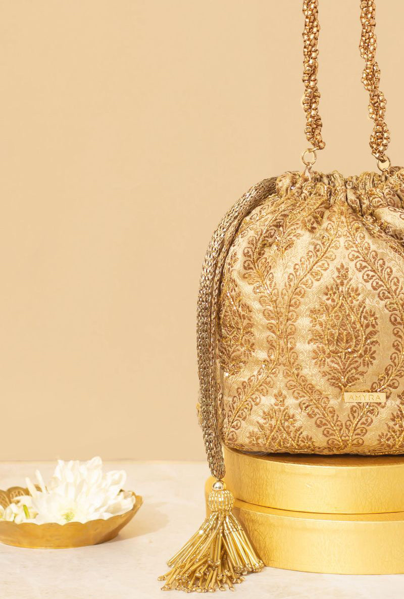 Viha Embroidered Brocade Bucket Bag - Gold