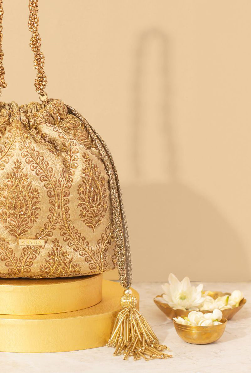 Viha Embroidered Brocade Bucket Bag - Gold