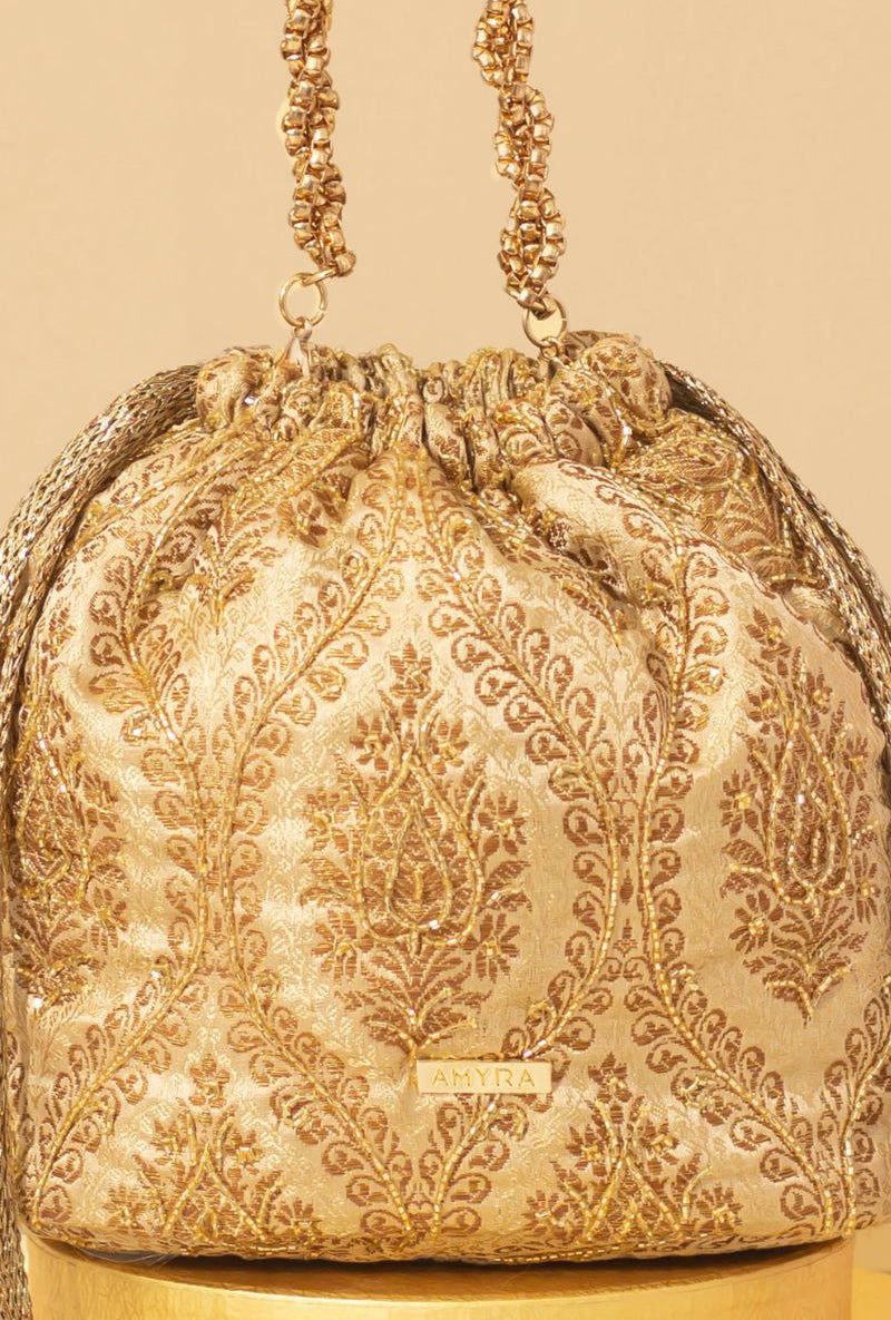 Viha Embroidered Brocade Bucket Bag - Gold