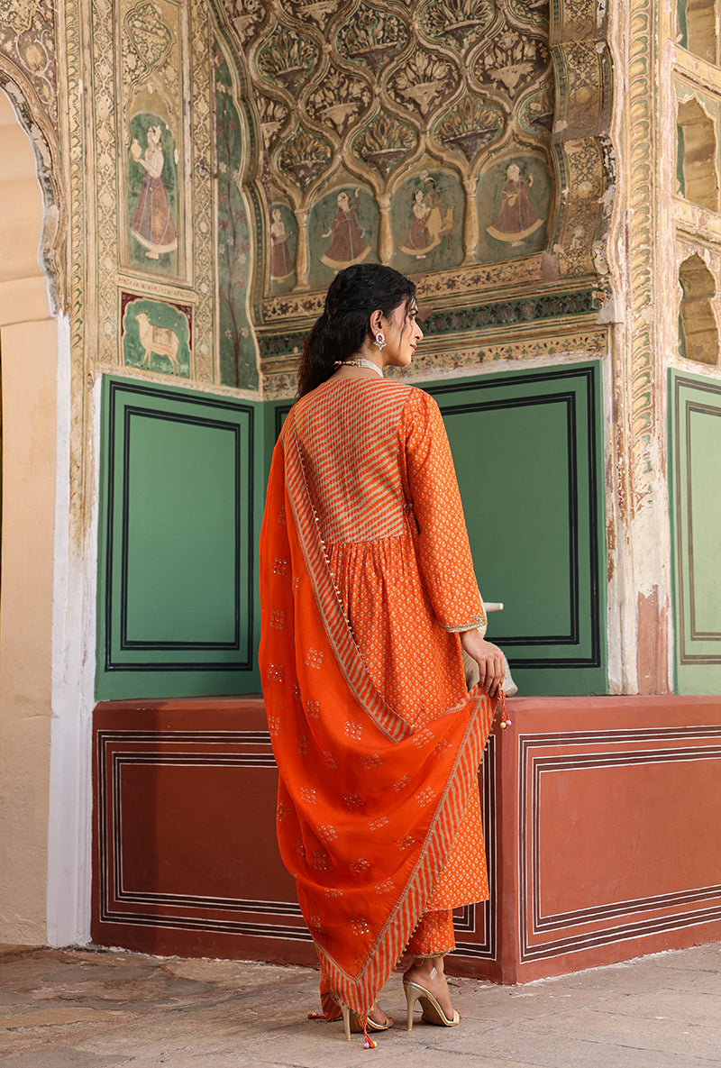 Orange Printed Frockstyle Raag Kurta Set