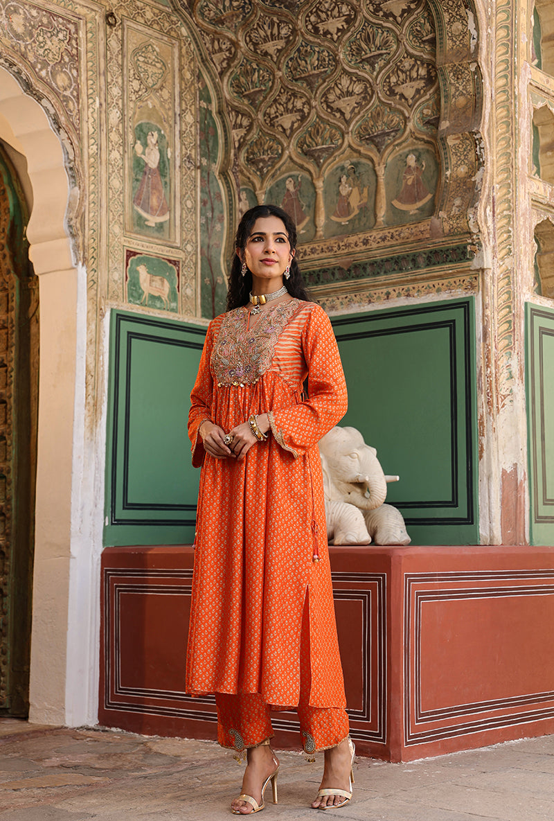 Orange Printed Frockstyle Raag Kurta Set