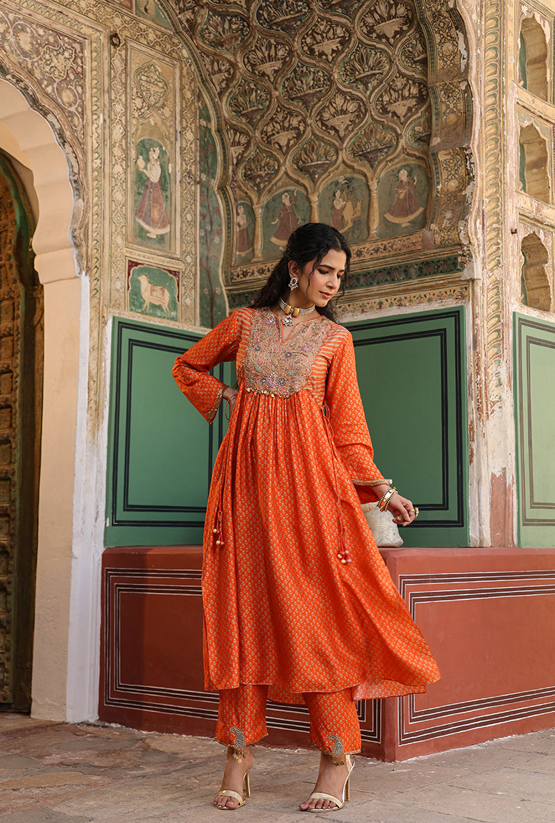 Orange Printed Frockstyle Raag Kurta Set