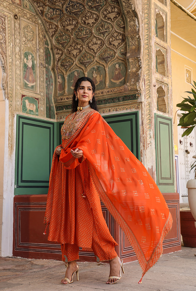 Orange Printed Frockstyle Raag Kurta Set