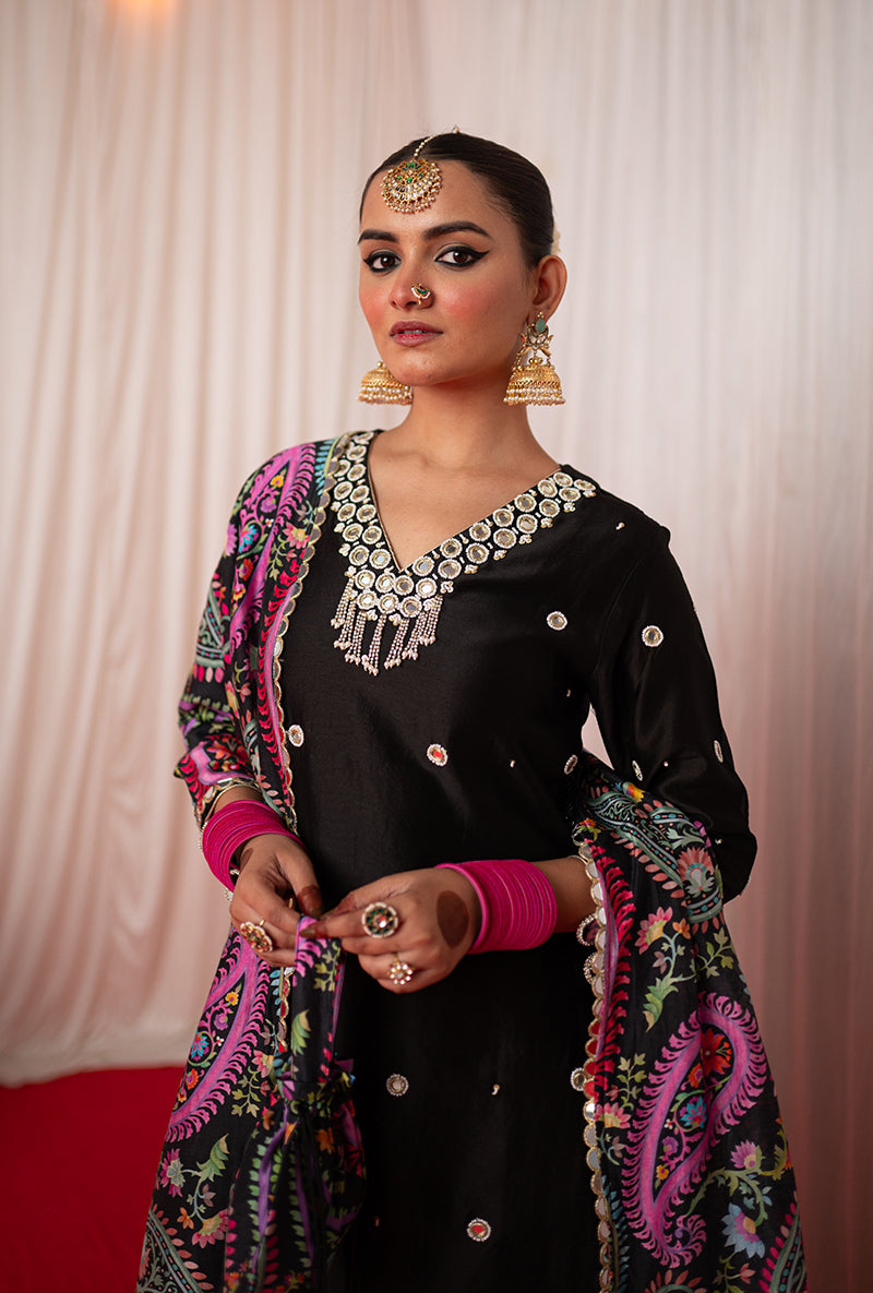 Black Embroidered Kikli Sharara Set