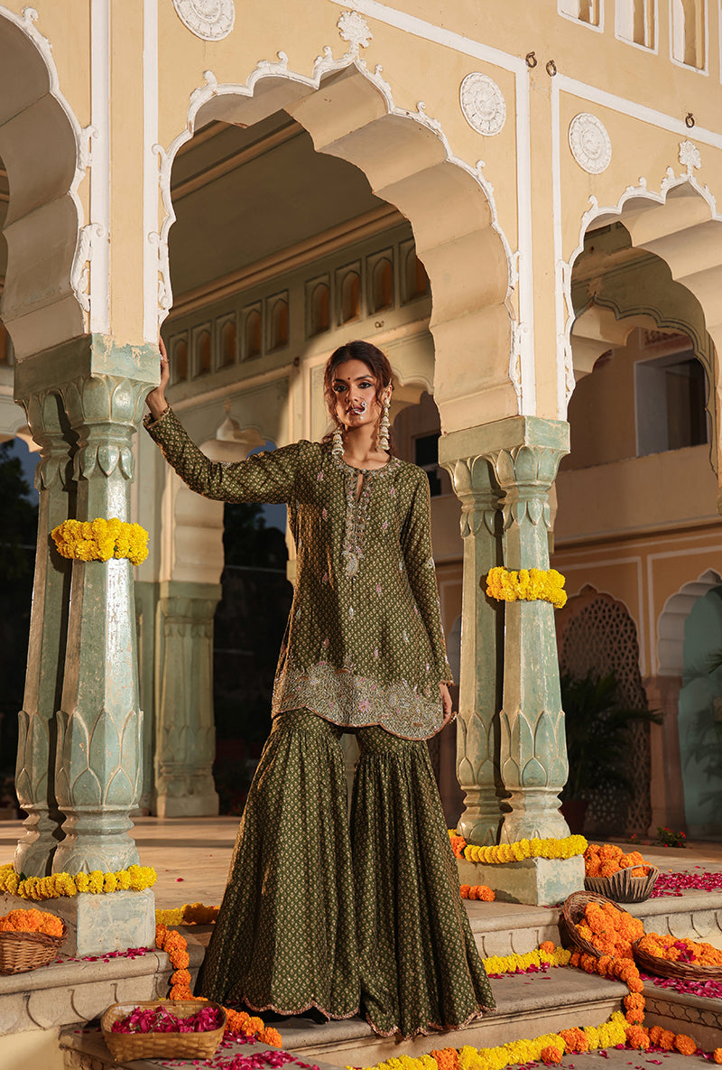 Olive Green Printed Raag Sharara Set